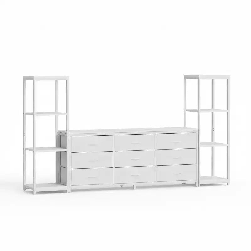 Mueble de TV industrial blanco y negro - 9 cajones de tela y estantes abiertos, apto para televisores de hasta 75"