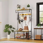 5-in-1 Hall Tree with Bench - Entryway Organizer w/ Adjustable Shelf, Shoe Storage, Hanging Rod & 9 Hooks, Elegant Ivory White Stand