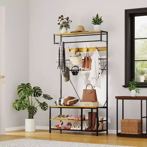 5-in-1 Hall Tree with Bench - Entryway Organizer w/ Adjustable Shelf, Shoe Storage, Hanging Rod & 9 Hooks, Elegant Ivory White Stand