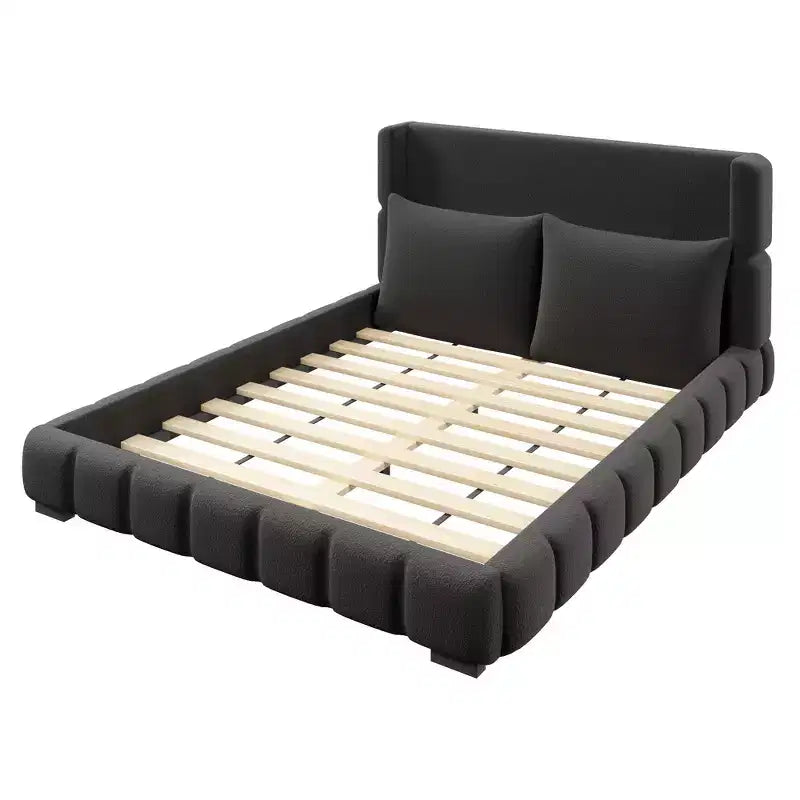 Cama plataforma tapizada con 2 almohadas, blanco / negro, Queen / King