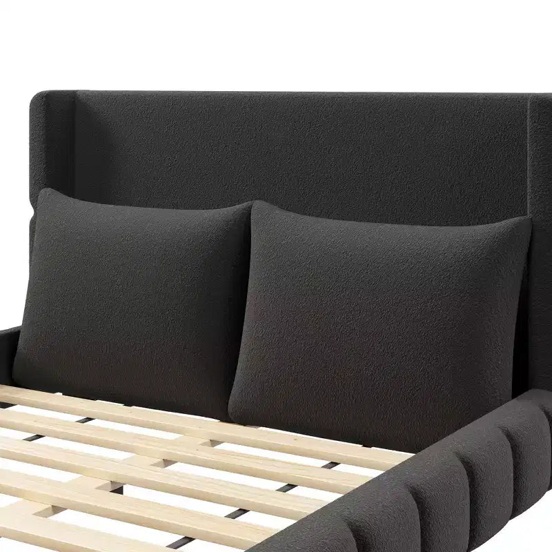 Cama plataforma tapizada con 2 almohadas, blanco / negro, Queen / King