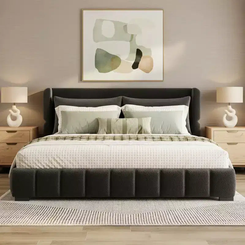 Cama plataforma tapizada con 2 almohadas, blanco / negro, Queen / King