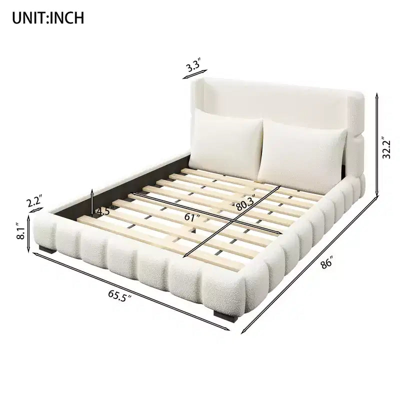 Cama plataforma tapizada con 2 almohadas, blanco / negro, Queen / King