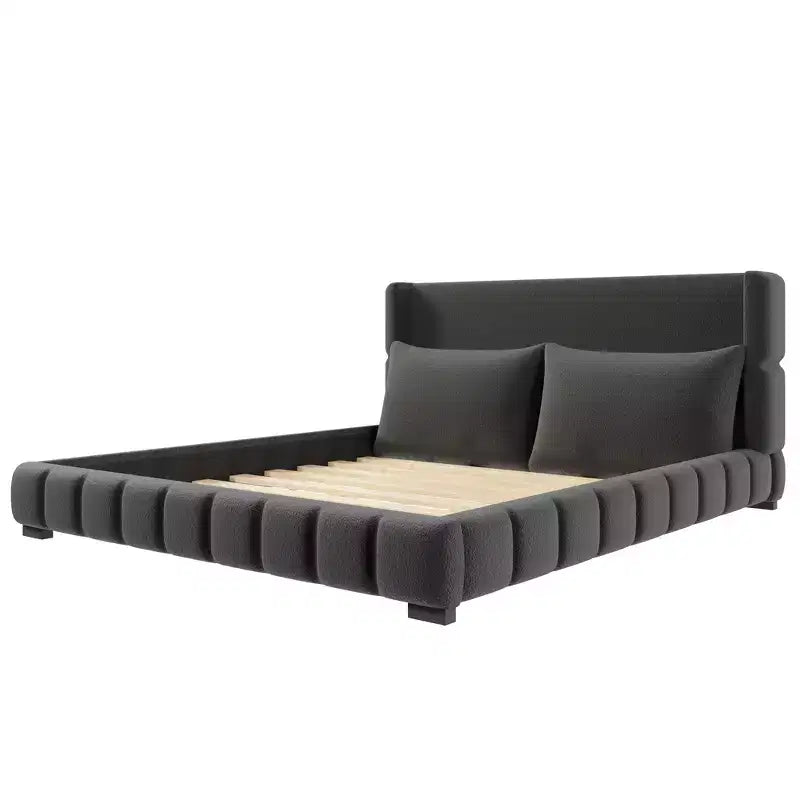 Cama plataforma tapizada con 2 almohadas, blanco / negro, Queen / King