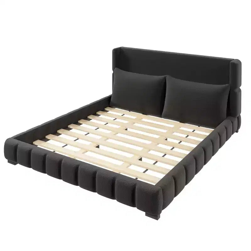 Cama plataforma tapizada con 2 almohadas, blanco / negro, Queen / King