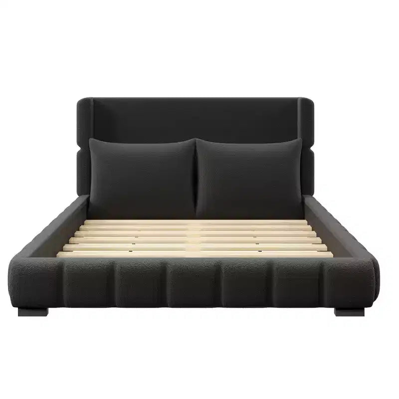 Cama plataforma tapizada con 2 almohadas, blanco / negro, Queen / King