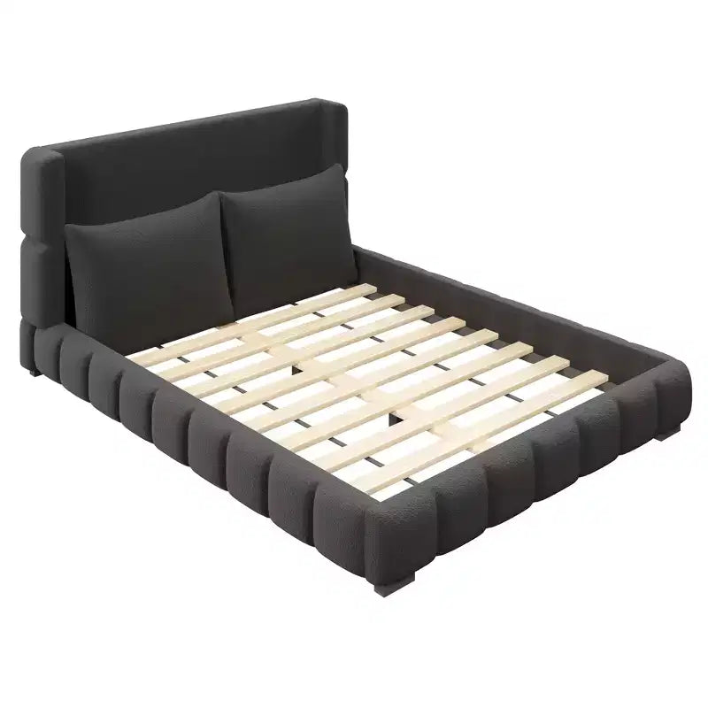 Cama plataforma tapizada con 2 almohadas, blanco / negro, Queen / King