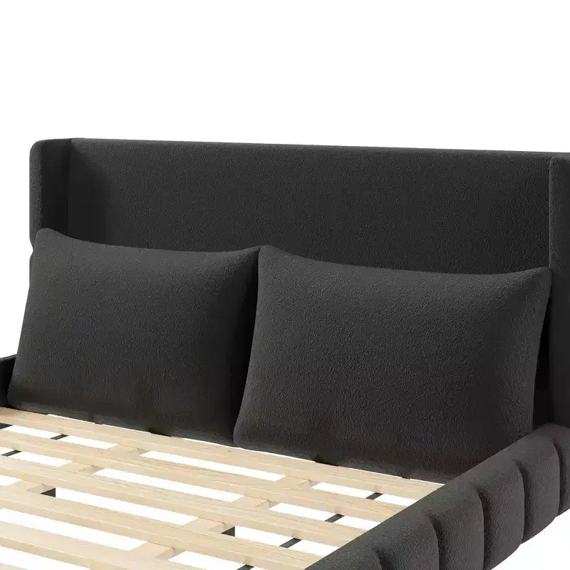 Cama plataforma tapizada con 2 almohadas, blanco / negro, Queen / King