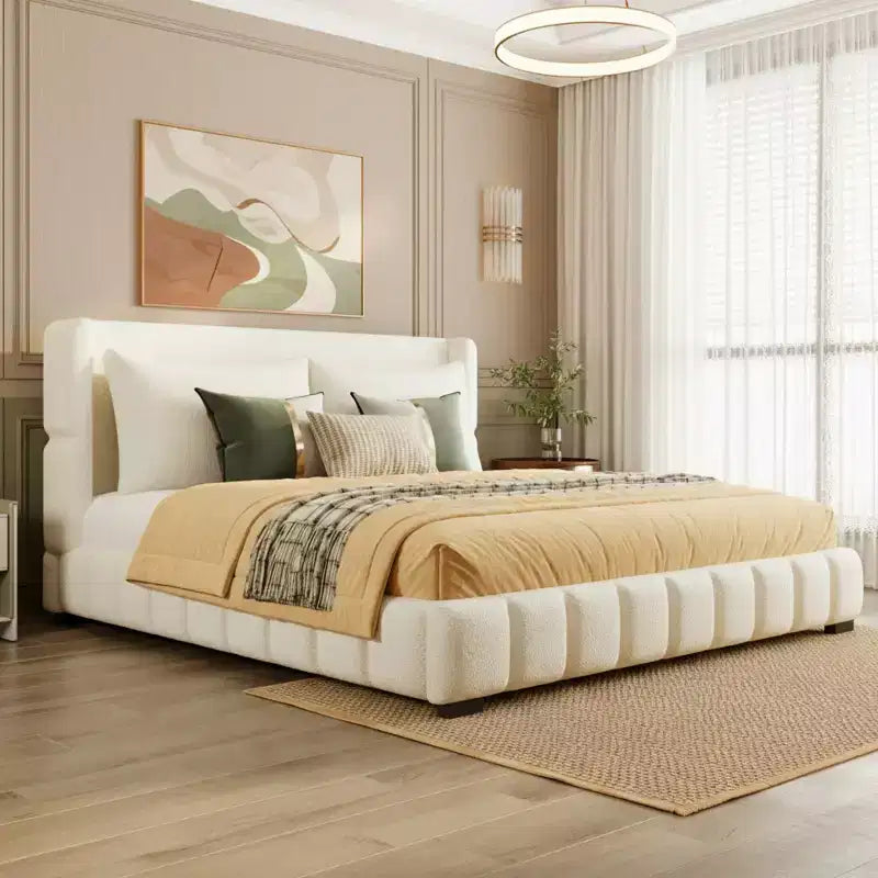 Cama plataforma tapizada con 2 almohadas, blanco / negro, Queen / King