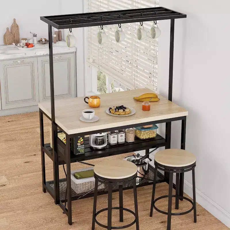 Kitchen Island with Power Outlet, Kitchen Island Table with Baker's Rack and Microwave Shelf, Coffee Bar with 3-Tier Shelves, 5 Hooks,for Dining Room