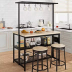 Mesa de isla de cocina de metal negro con estantes de 3 niveles y ganchos, con capacidad para 4 personas