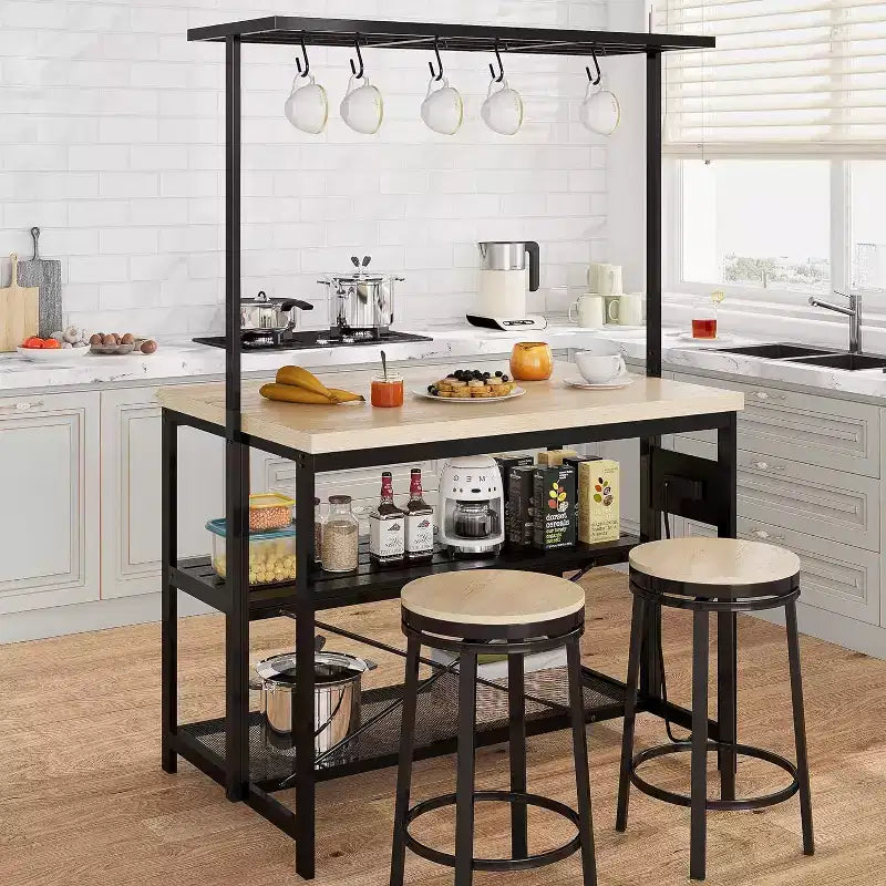 Mesa de isla de cocina de metal negro con estantes de 3 niveles y ganchos, con capacidad para 4 personas