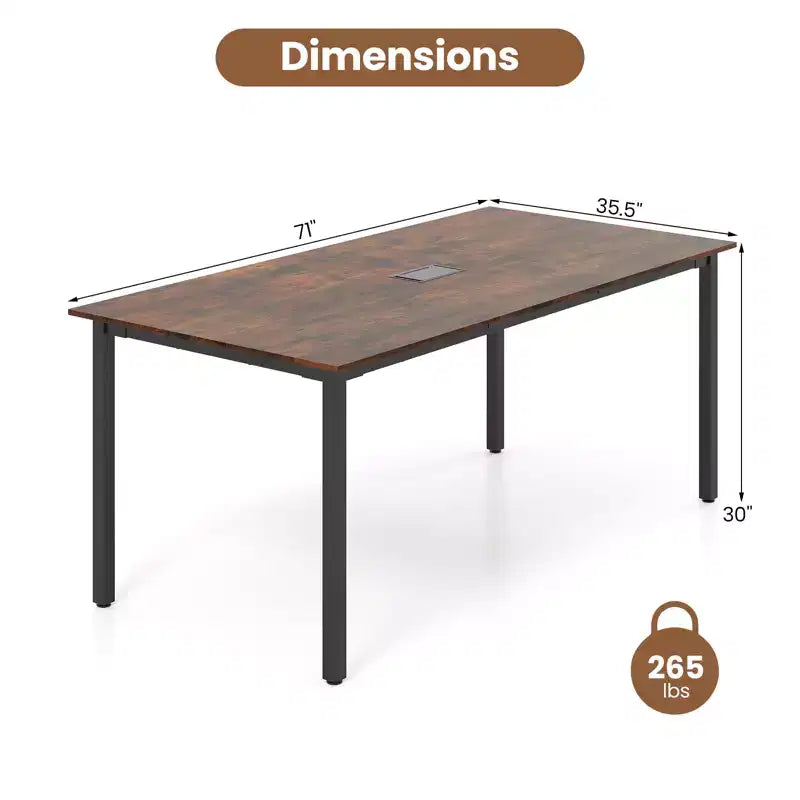 Mesa de conferencia rectangular rústica marrón para 8-10 personas, patas de metal