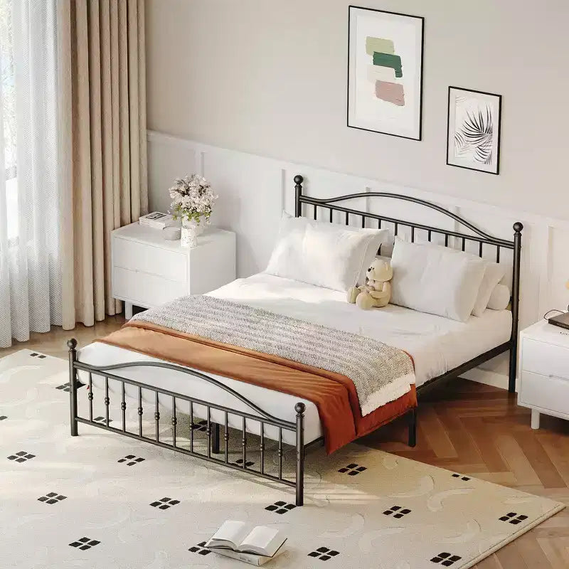 Base de cama de plataforma vintage de metal negro, tamaño queen, para 1 persona