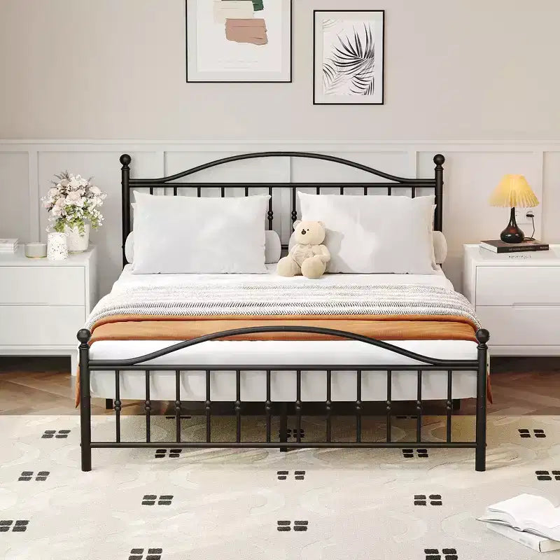 Base de cama de plataforma vintage de metal negro, tamaño queen, para 1 persona