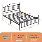 Base de cama de plataforma vintage de metal negro, tamaño queen, para 1 persona