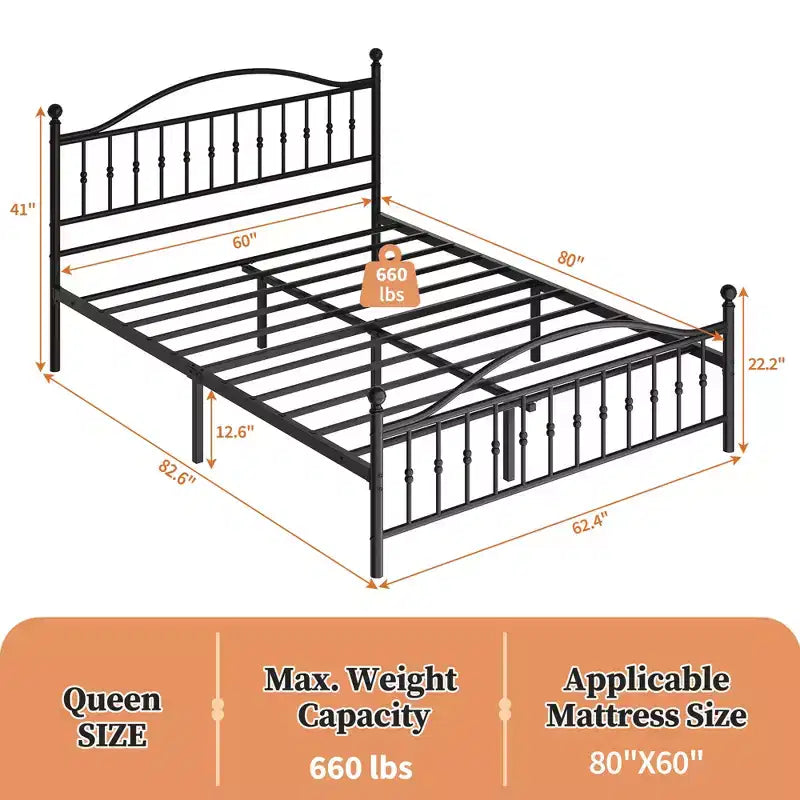 Base de cama de plataforma vintage de metal negro, tamaño queen, para 1 persona