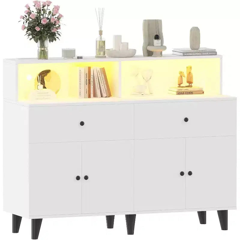 Aparador de 51" con 4 puertas y 2 cajones, madera, sésamo negro / nogal negro / blanco