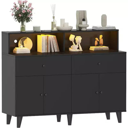 Aparador de 51" con 4 puertas y 2 cajones, madera, sésamo negro / nogal negro / blanco