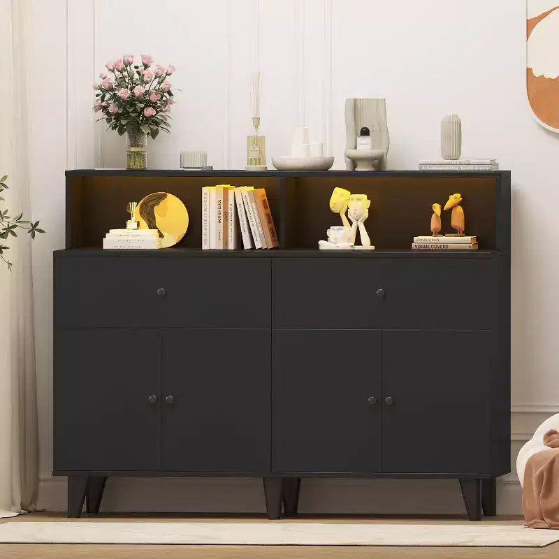 51 in Storage Cabinet, Wood Coffee Bar Station Table with Drawers and Adjustable Shelves, Freestanding Pantry Cabinet Cupboard Hutch