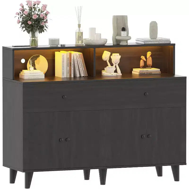 Aparador de 51" con 4 puertas y 2 cajones, madera, sésamo negro / nogal negro / blanco
