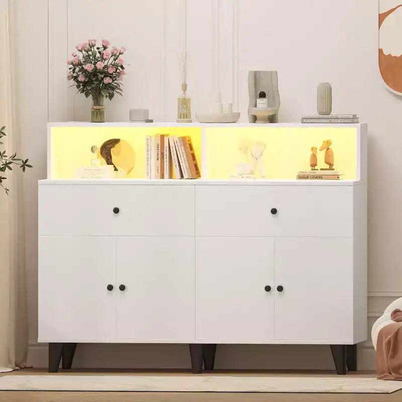 Aparador de 51" con 4 puertas y 2 cajones, madera, sésamo negro / nogal negro / blanco