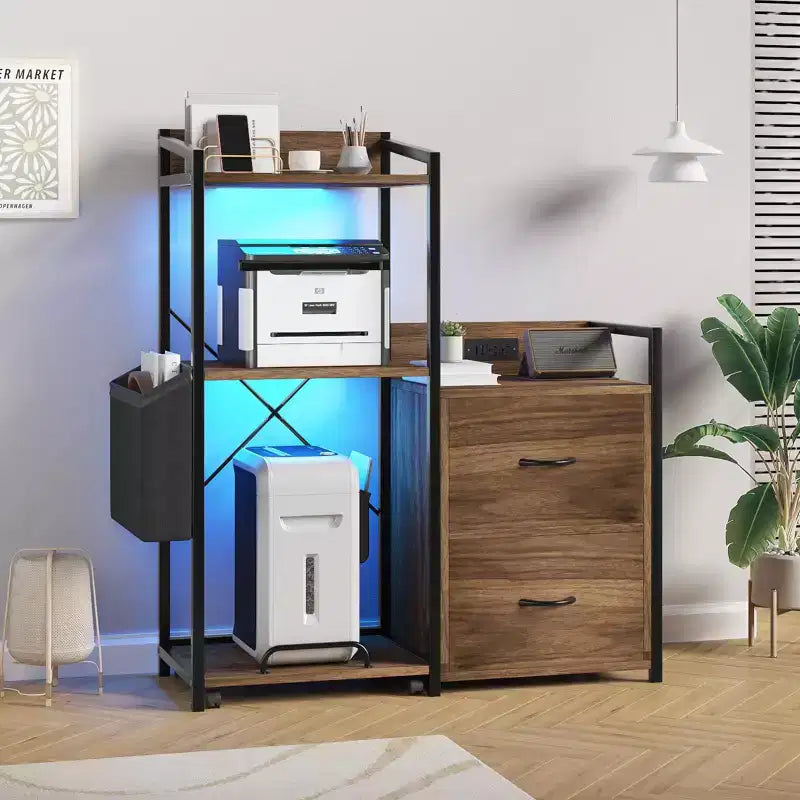 Soporte para impresora de 3 niveles con luces LED, cajones y estación de carga – Negro / Marrón / Madera