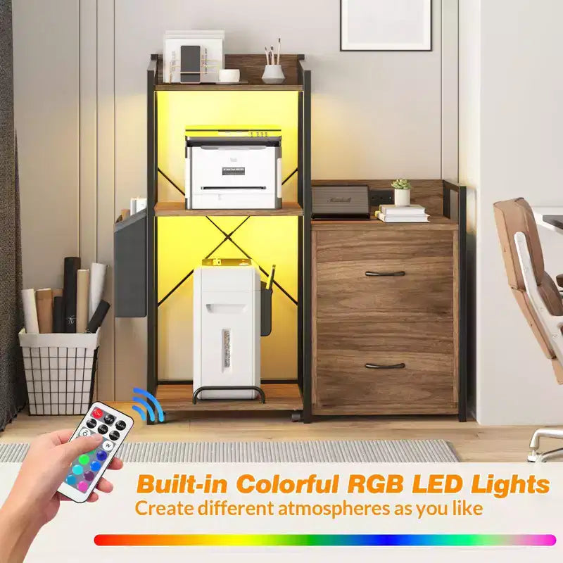 Soporte para impresora de 3 niveles con luces LED, cajones y estación de carga – Negro / Marrón / Madera