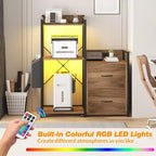 Soporte para impresora de 3 niveles con luces LED, cajones y estación de carga – Negro / Marrón / Madera