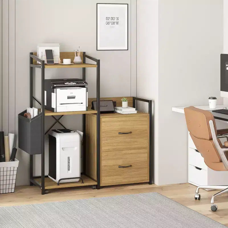 Soporte para impresora de 3 niveles con luces LED, cajones y estación de carga – Negro / Marrón / Madera