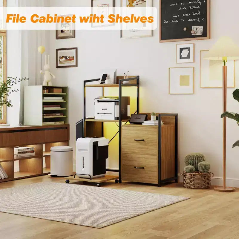 Soporte para impresora de 3 niveles con luces LED, cajones y estación de carga – Negro / Marrón / Madera