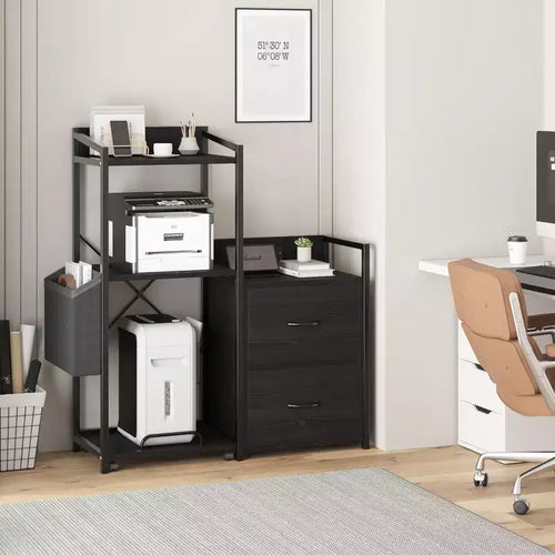 Soporte para impresora de 3 niveles con luces LED, cajones y estación de carga – Negro / Marrón / Madera