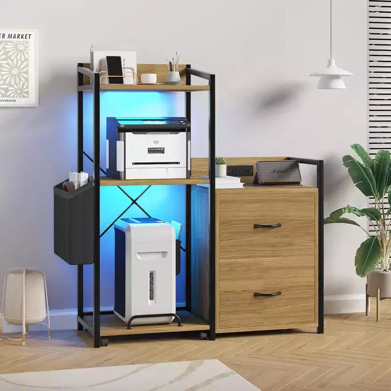 Soporte para impresora de 3 niveles con luces LED, cajones y estación de carga – Negro / Marrón / Madera