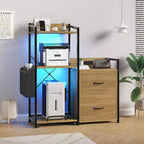 Soporte para impresora de 3 niveles con luces LED, cajones y estación de carga – Negro / Marrón / Madera
