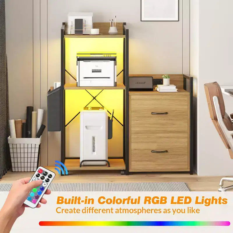 Soporte para impresora de 3 niveles con luces LED, cajones y estación de carga – Negro / Marrón / Madera