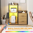 Soporte para impresora de 3 niveles con luces LED, cajones y estación de carga – Negro / Marrón / Madera
