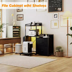 Soporte para impresora de 3 niveles con luces LED, cajones y estación de carga – Negro / Marrón / Madera