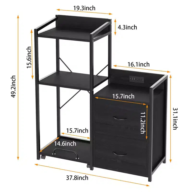 Soporte para impresora de 3 niveles con luces LED, cajones y estación de carga – Negro / Marrón / Madera