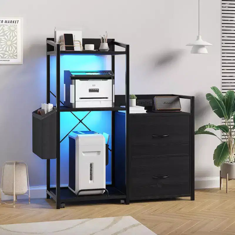 Soporte para impresora de 3 niveles con luces LED, cajones y estación de carga – Negro / Marrón / Madera