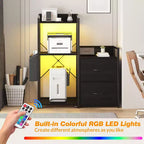 Soporte para impresora de 3 niveles con luces LED, cajones y estación de carga – Negro / Marrón / Madera