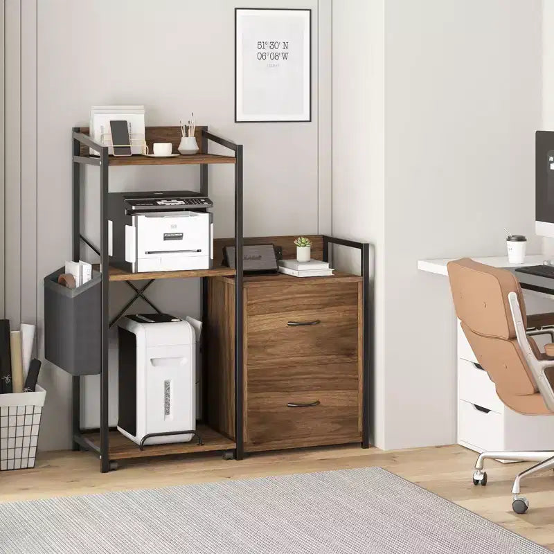Soporte para impresora de 3 niveles con luces LED, cajones y estación de carga – Negro / Marrón / Madera