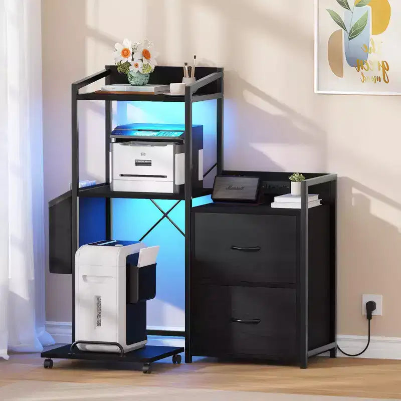 38 File Cabinet with LED Lights, Charging Station, 3-Tier Printer Cabinet with Drawers, Shelves, Industrial File Cabinet for Fax Machine, Shredder
