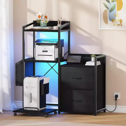 38 File Cabinet with LED Lights, Charging Station, 3-Tier Printer Cabinet with Drawers, Shelves, Industrial File Cabinet for Fax Machine, Shredder
