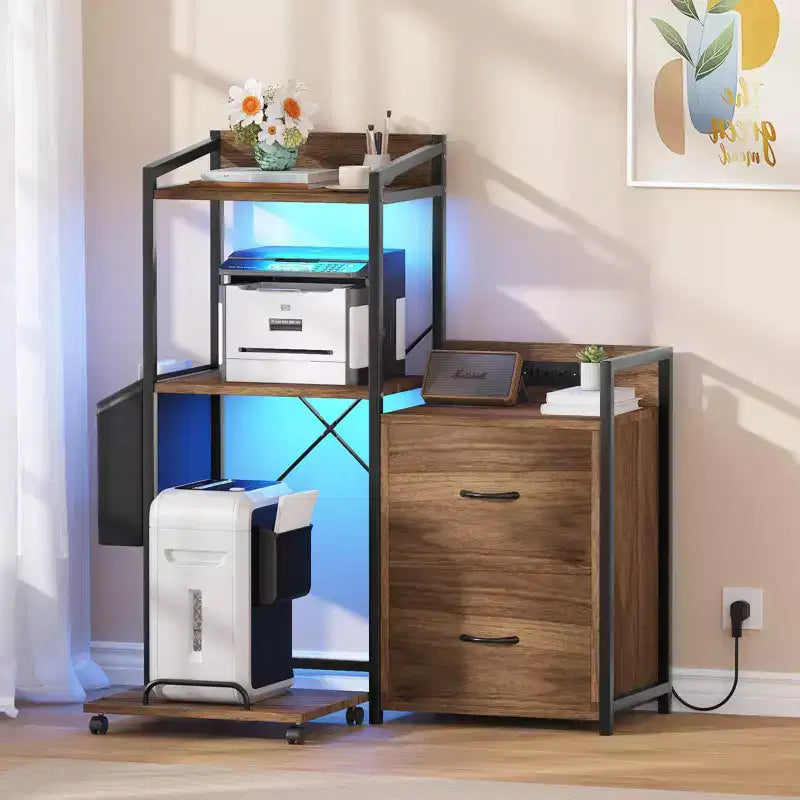 Soporte para impresora de 3 niveles con luces LED, cajones y estación de carga – Negro / Marrón / Madera