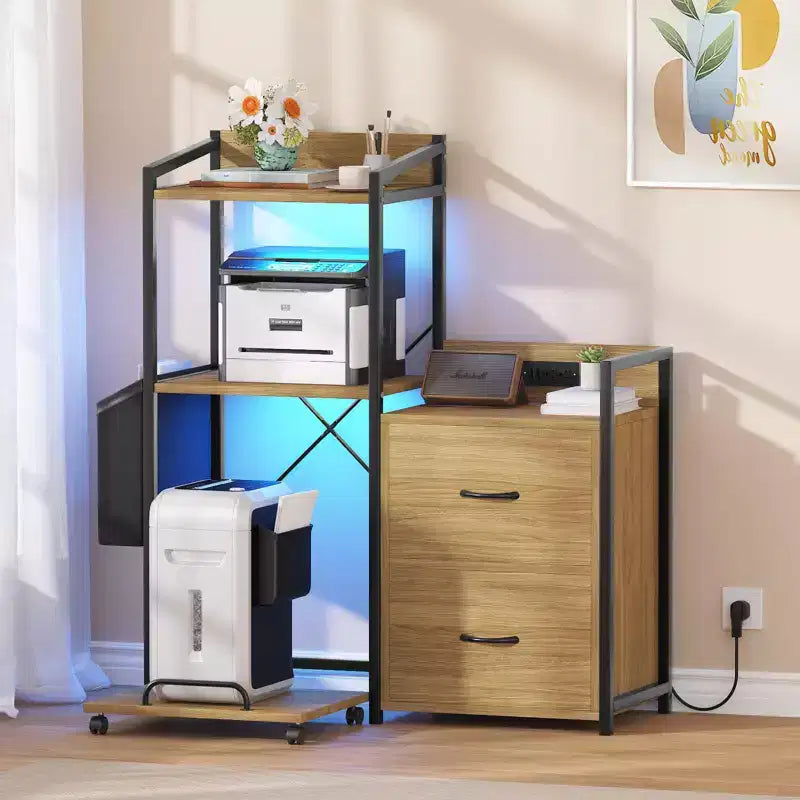 Soporte para impresora de 3 niveles con luces LED, cajones y estación de carga – Negro / Marrón / Madera