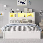 Cama de plataforma de madera moderna con cajones de almacenamiento y cabecero LED, natural/blanco, individual/matrimonial, 1 persona
