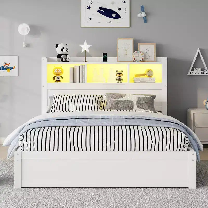 Cama de plataforma de madera moderna con cajones de almacenamiento y cabecero LED, natural/blanco, individual/matrimonial, 1 persona