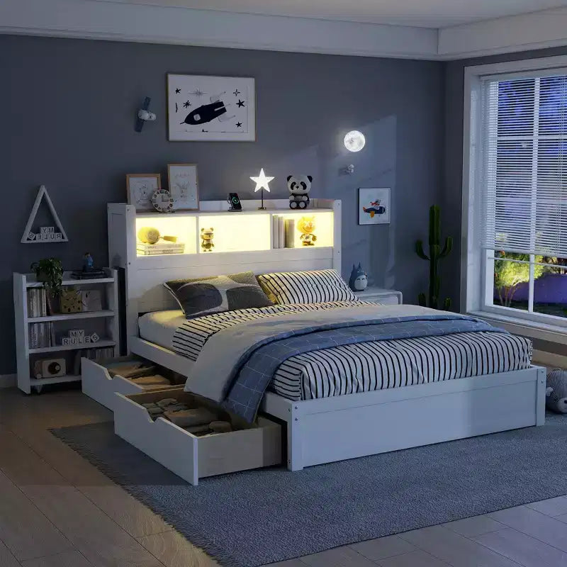 Cama de plataforma de madera moderna con cajones de almacenamiento y cabecero LED, natural/blanco, individual/matrimonial, 1 persona