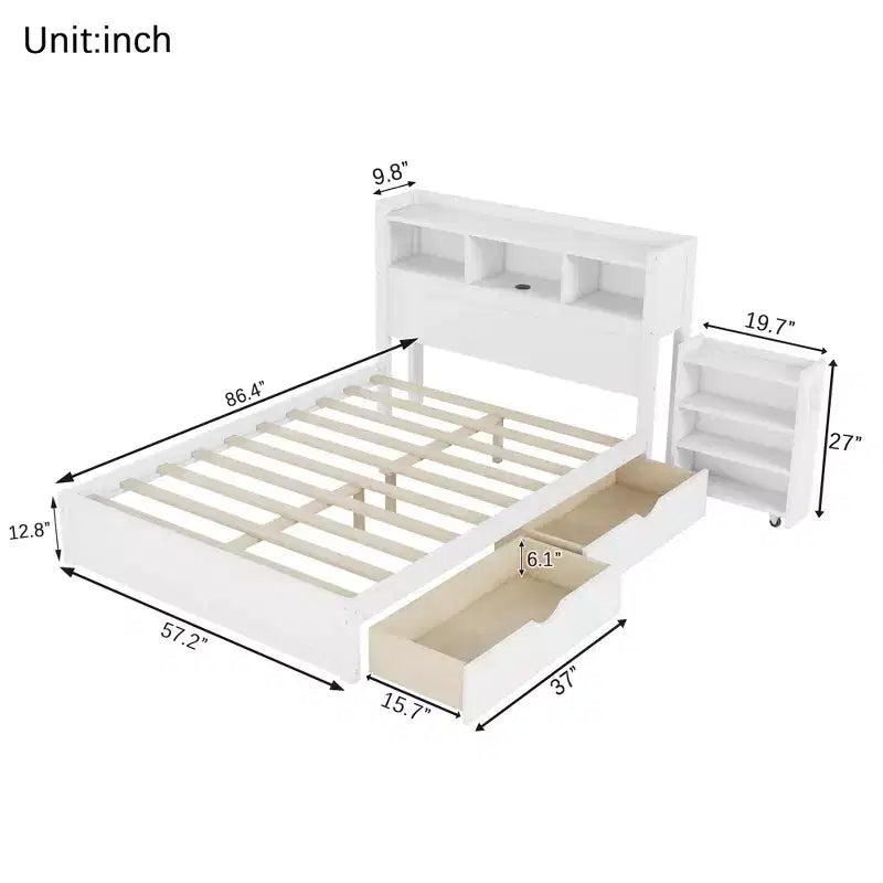 Cama de plataforma de madera moderna con cajones de almacenamiento y cabecero LED, natural/blanco, individual/matrimonial, 1 persona