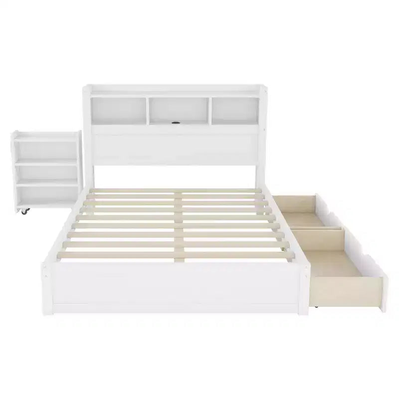 Cama de plataforma de madera moderna con cajones de almacenamiento y cabecero LED, natural/blanco, individual/matrimonial, 1 persona